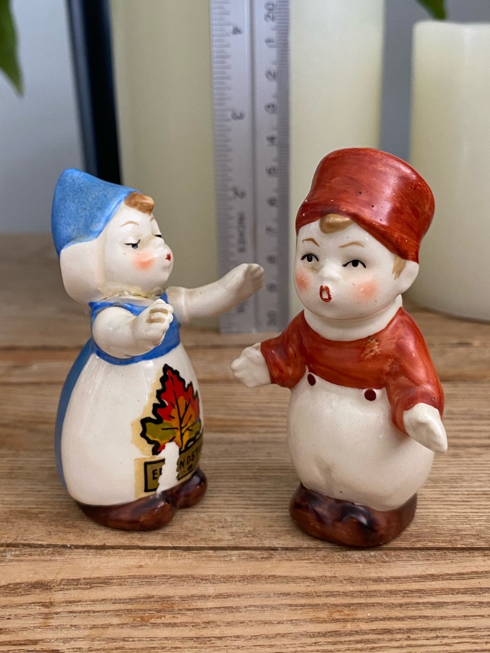 Vintage German Kissing Dutch Boy Girl Salt Pepper Shakers Ceramic AS IS Repair